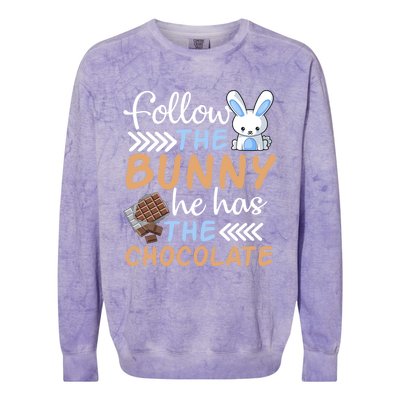 Happy Easter Follow The Bunny He Has Chocolate Cool Gift Colorblast Crewneck Sweatshirt