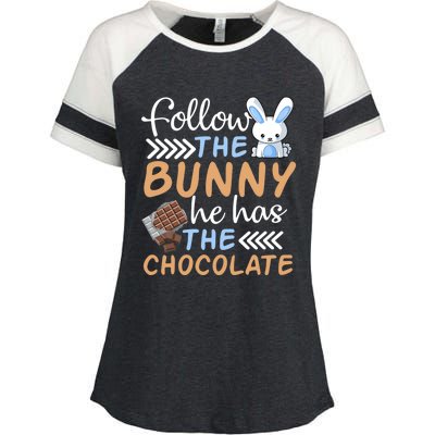 Happy Easter Follow The Bunny He Has Chocolate Cool Gift Enza Ladies Jersey Colorblock Tee