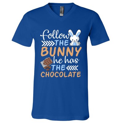 Happy Easter Follow The Bunny He Has Chocolate Cool Gift V-Neck T-Shirt