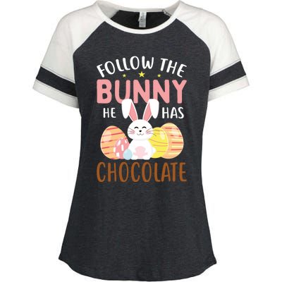 Happy Easter Follow The Bunny He Has Chocolate Gift Enza Ladies Jersey Colorblock Tee