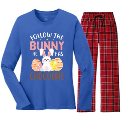 Happy Easter Follow The Bunny He Has Chocolate Gift Women's Long Sleeve Flannel Pajama Set 