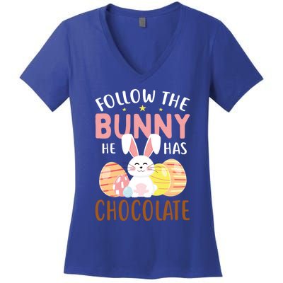 Happy Easter Follow The Bunny He Has Chocolate Gift Women's V-Neck T-Shirt