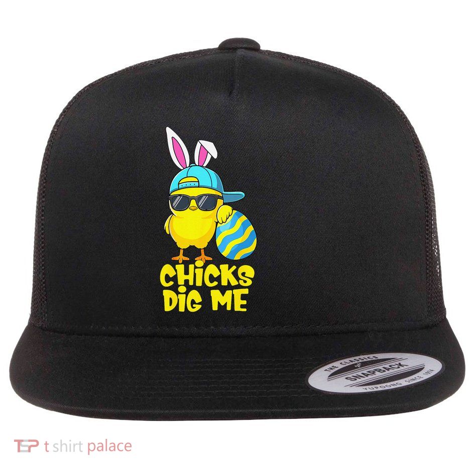 Happy Easter Funny Chicks Dig Me Easter Flat Bill Trucker Hat