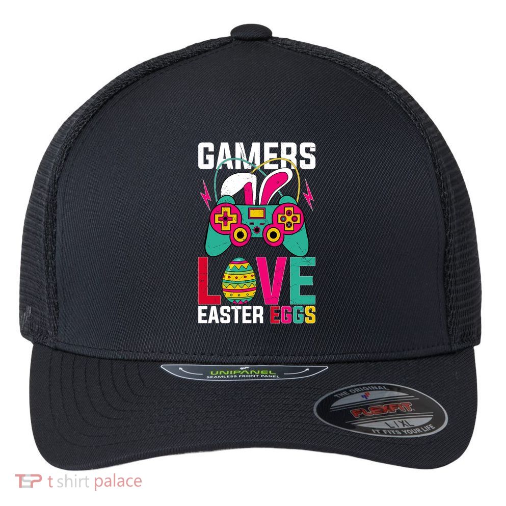 Happy Easter Gamers Love Easter Eggs Bunny Video Game Controller Flexfit Unipanel Trucker Cap