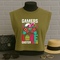 Happy Easter Gamers Love Easter Eggs Bunny Video Game Controller Garment-Dyed Women's Muscle Tee