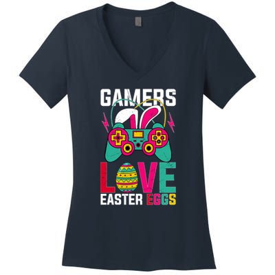 Happy Easter Gamers Love Easter Eggs Bunny Video Game Controller Women's V-Neck T-Shirt