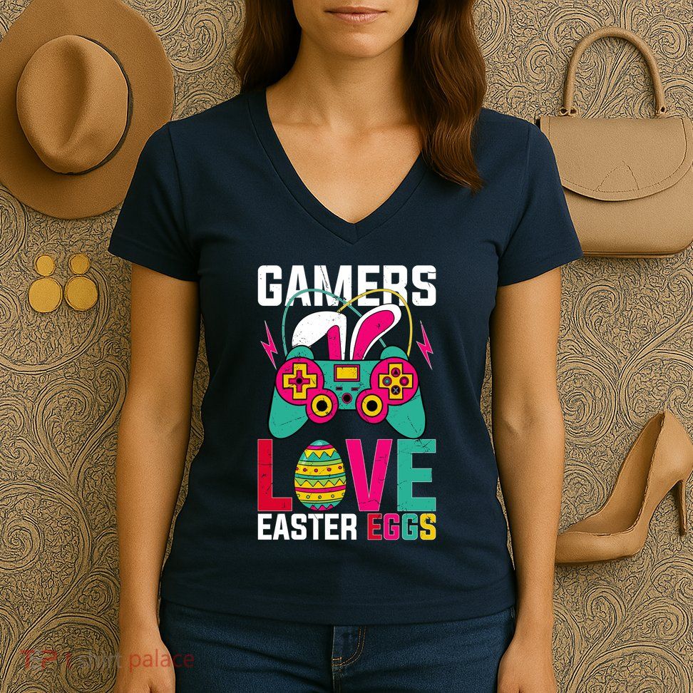 Happy Easter Gamers Love Easter Eggs Bunny Video Game Controller Women's V-Neck T-Shirt