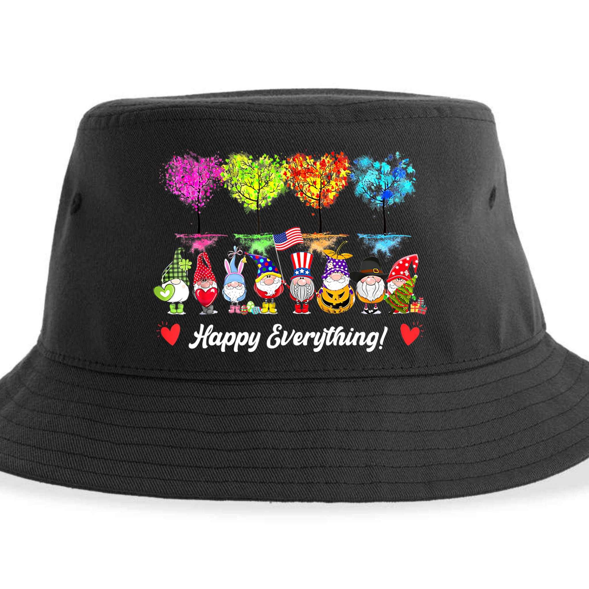 Happy Everything Gnomes Every Seasons All Year Tree Sustainable Bucket Hat