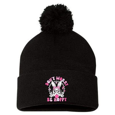 Happy Easter Groovy Bunny Face Dont Worry Be Hoppy Women Pom Pom 12in Knit Beanie