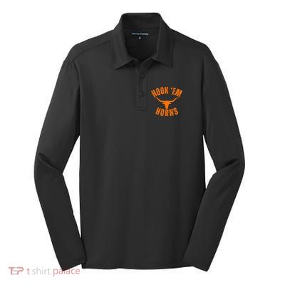 Hook Em Horns Texas Bull Head Silk Touch Performance Long Sleeve Polo