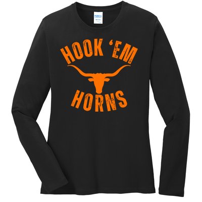 Hook Em Horns Texas Bull Head Ladies Long Sleeve Shirt