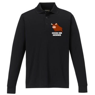 Hook Em Horns Texas Bull Head Performance Long Sleeve Polo