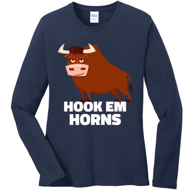 Hook Em Horns Texas Bull Head Ladies Long Sleeve Shirt