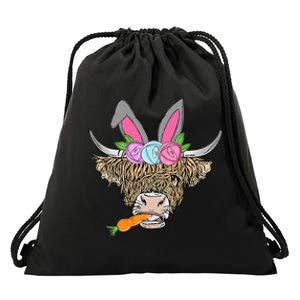 Happy Easter heifer highland cow with bunny Drawstring Bag