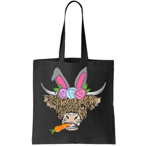 Happy Easter heifer highland cow with bunny Tote Bag