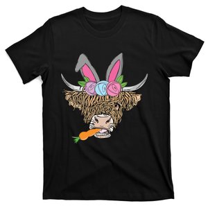 Happy Easter Heifer Highland Cow With Bunny Ears Carrot Egg T-Shirt