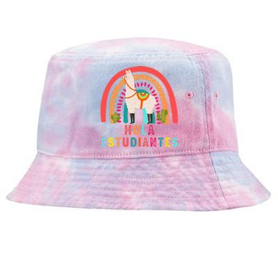 Hola Estudiantes Hello Prek Llama Spanish Teacher School Tie-Dyed Bucket Hat