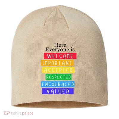 Here Everyone Is Welcome Important Idaho Teacher Funny Sustainable Beanie