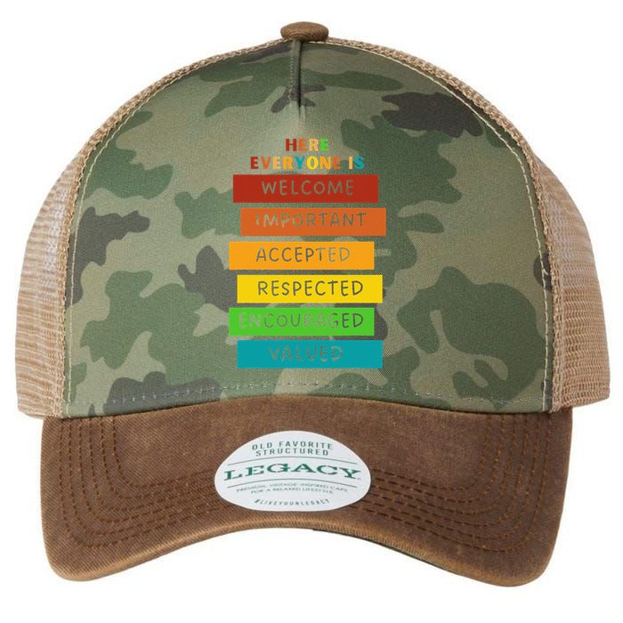 Here Everyone Is Welcome Important Accepted Respect Teacher Legacy Tie Dye Trucker Hat