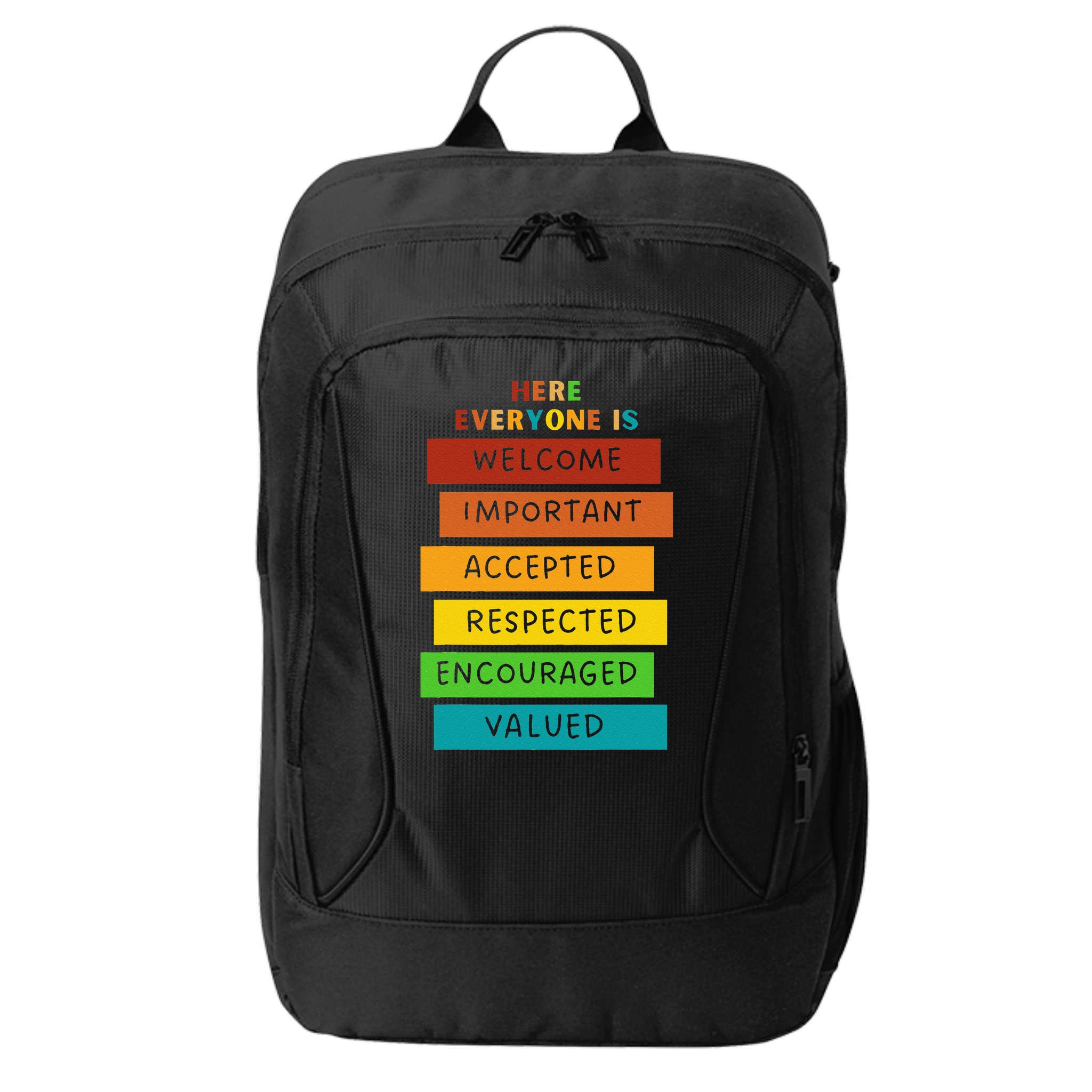 Here Everyone Is Welcome Important Accepted Respect Teacher City Backpack