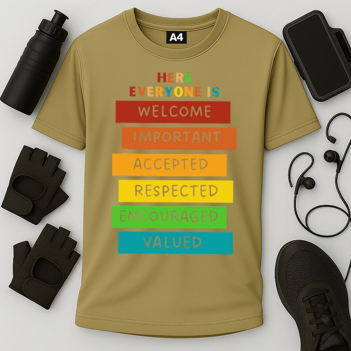 Here Everyone Is Welcome Important Accepted Respect Teacher Cooling Performance Crew T-Shirt