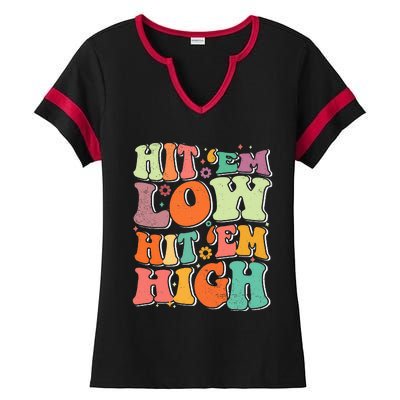 Hit 'Em Low Hit 'Em High Groovy Road to Victory Football Ladies Halftime Notch Neck Tee