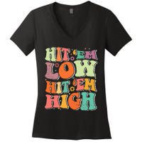 Hit 'Em Low Hit 'Em High Groovy Road to Victory Football Women's V-Neck T-Shirt