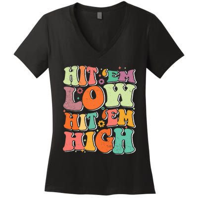 Hit 'Em Low Hit 'Em High Groovy Road to Victory Football Women's V-Neck T-Shirt