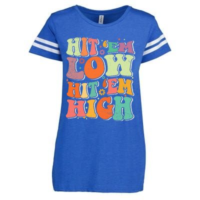 Hit 'Em Low Hit 'Em High Groovy Road to Victory Football Enza Ladies Jersey Football T-Shirt