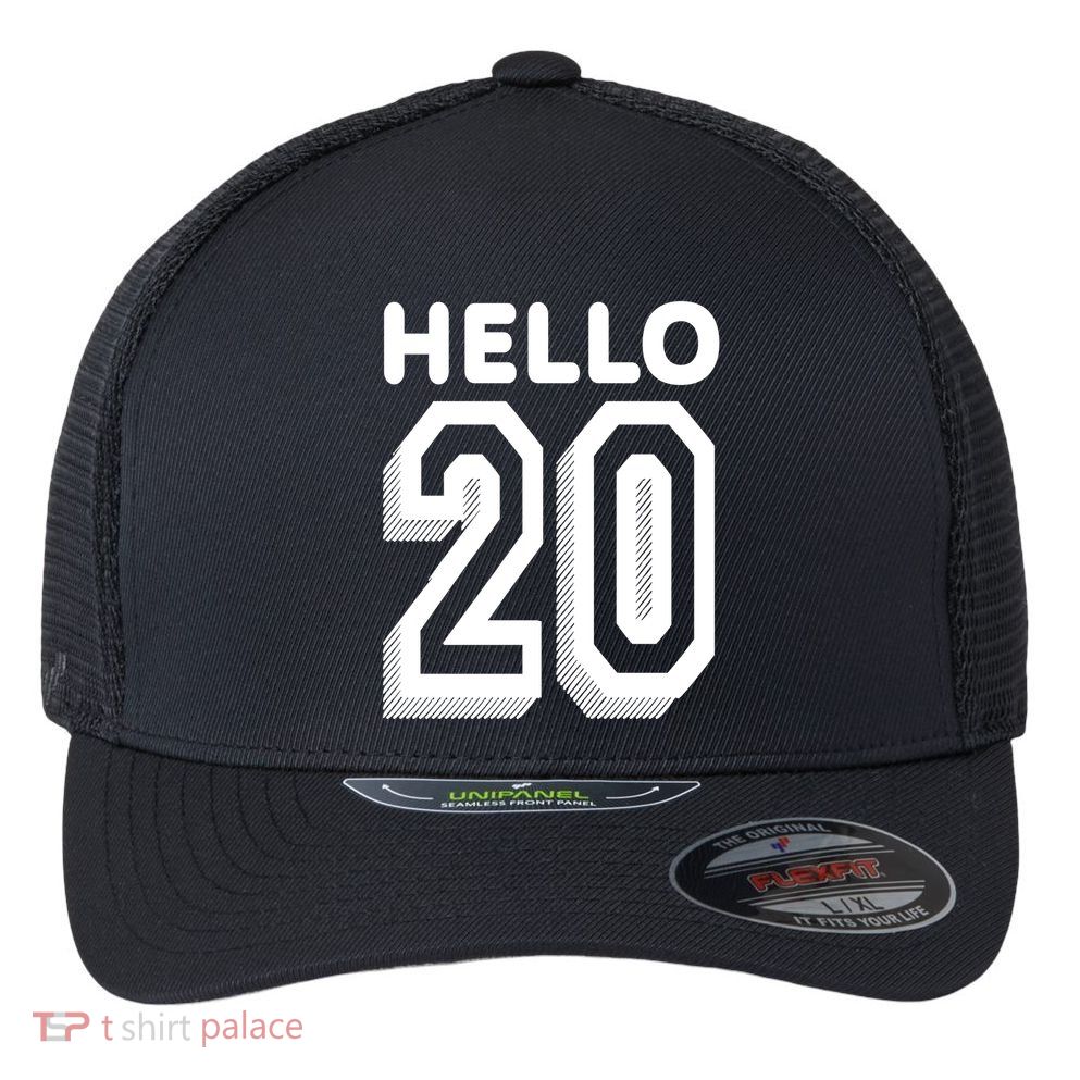 Hello 20 Funny 20th Birthday Flexfit Unipanel Trucker Cap