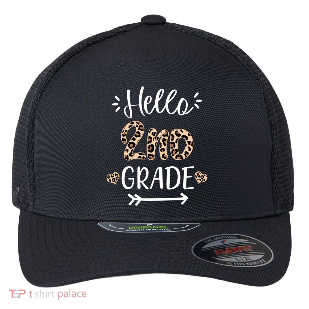 Hello 2nd Grade Cute Leopard Heart Flexfit Unipanel Trucker Cap