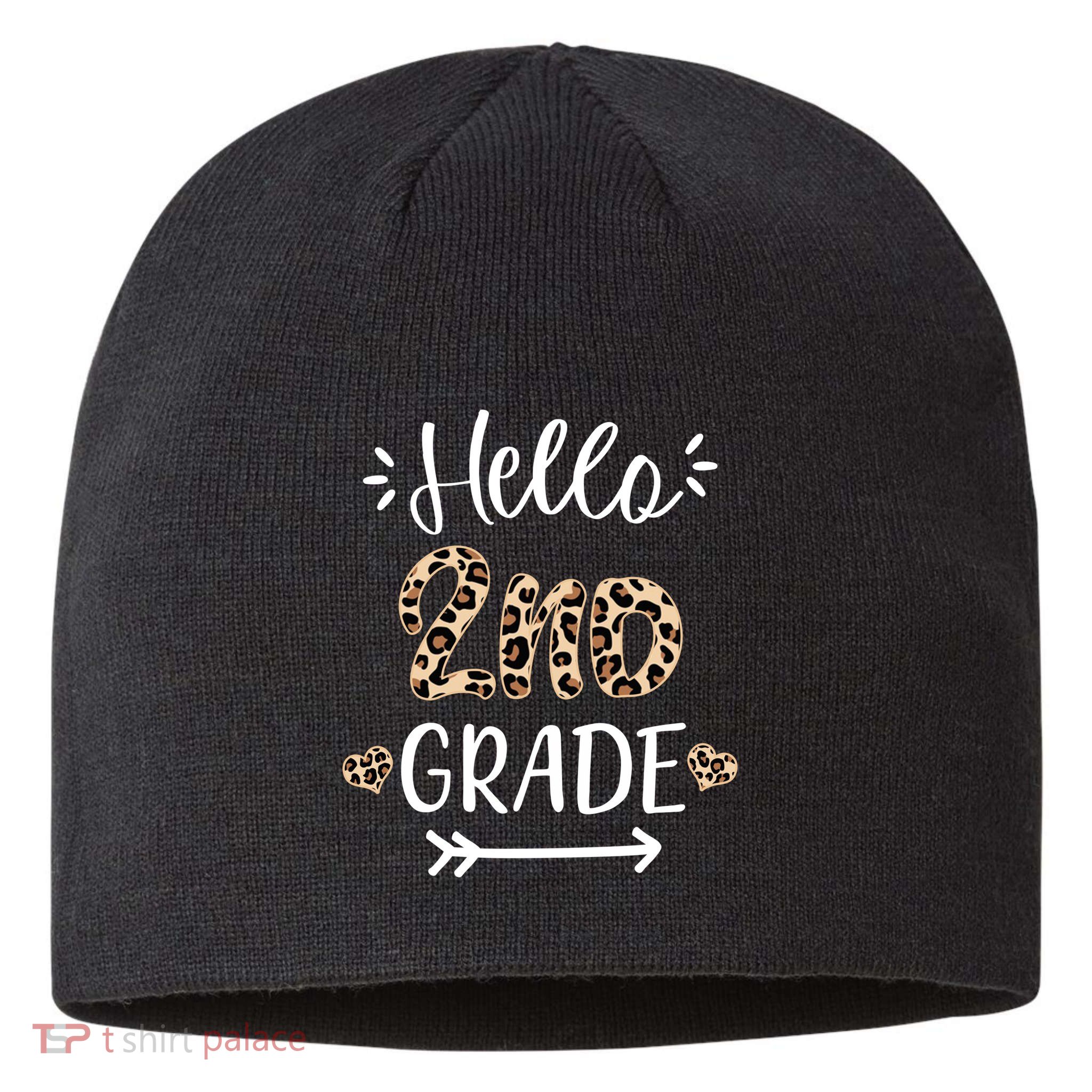 Hello 2nd Grade Cute Leopard Heart Sustainable Beanie