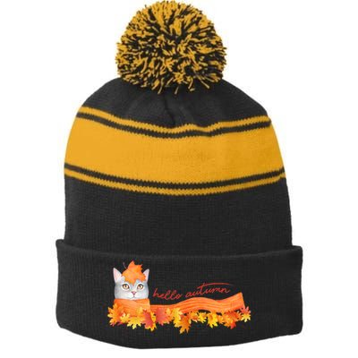 Hello Autumn Cute Cat Stripe Pom Pom Beanie