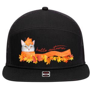 Hello Autumn Cute Cat 7 Panel Mesh Trucker Snapback Hat