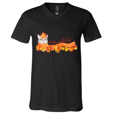 Hello Autumn Cute Cat V-Neck T-Shirt