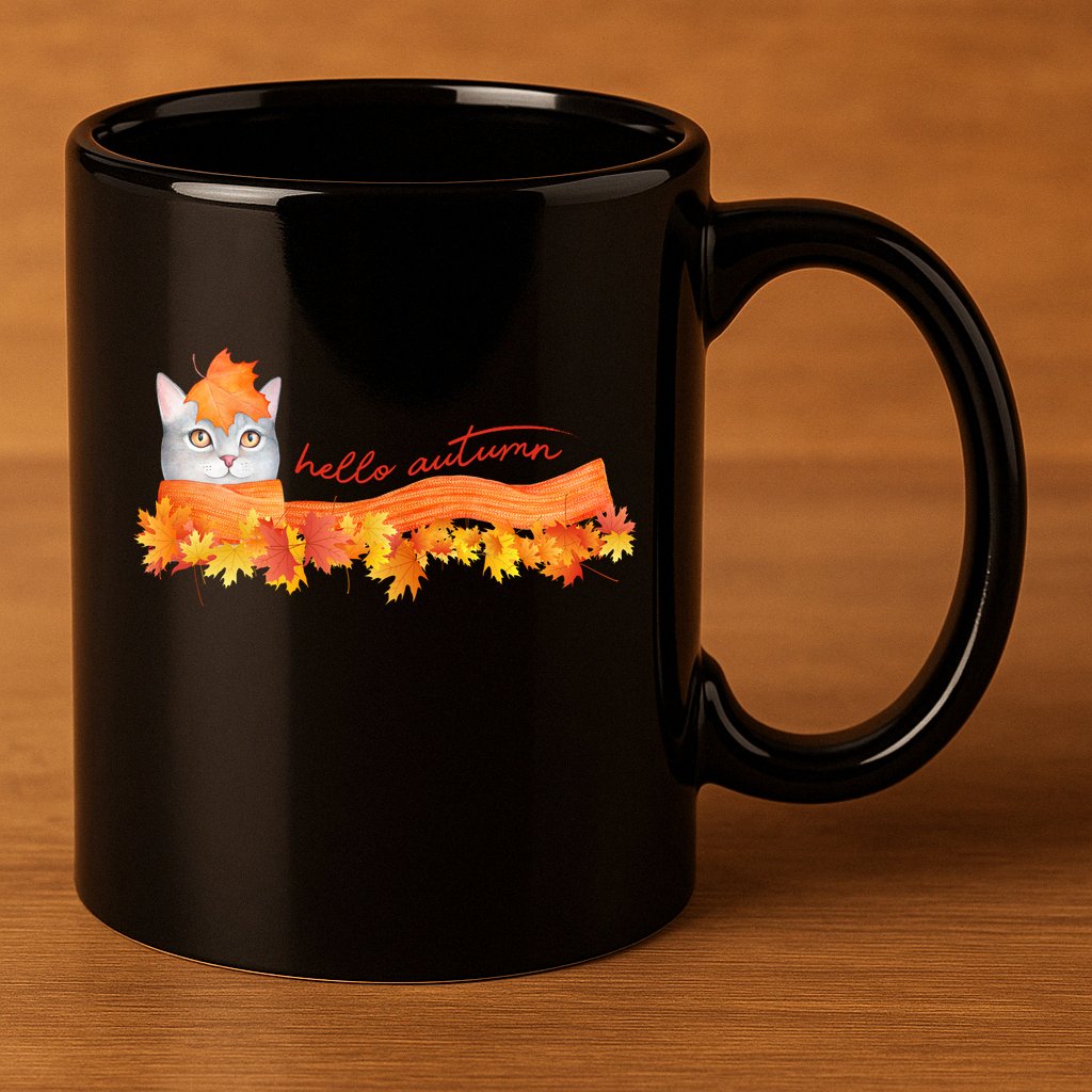 Hello Autumn Cute Cat 11oz C Handle Ceramic Mug
