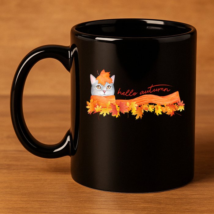 Hello Autumn Cute Cat 11oz C Handle Ceramic Mug