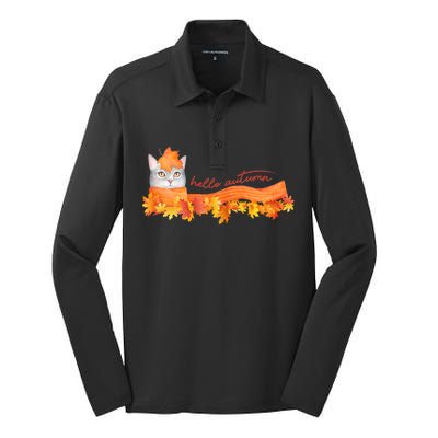 Hello Autumn Cute Cat Silk Touch Performance Long Sleeve Polo