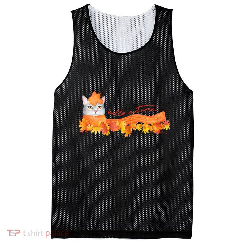 Hello Autumn Cute Cat Mesh Reversible Basketball Jersey Tank