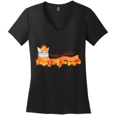 Hello Autumn Cute Cat Women's V-Neck T-Shirt