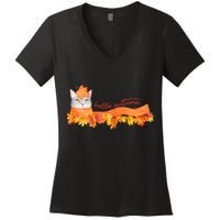 Hello Autumn Cute Cat Women's V-Neck T-Shirt