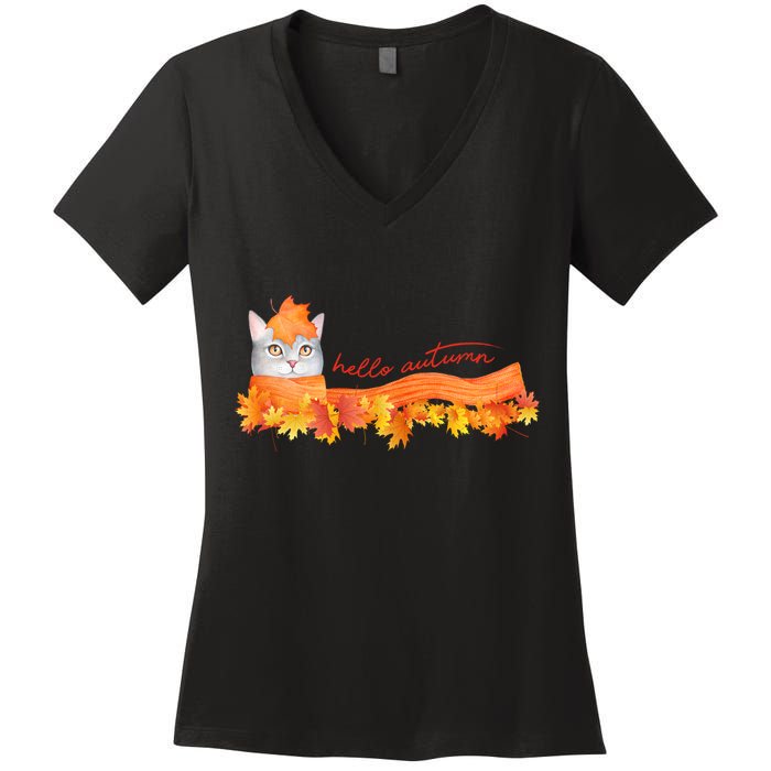 Hello Autumn Cute Cat Women's V-Neck T-Shirt