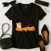 Hello Autumn Cute Cat Women's V-Neck T-Shirt