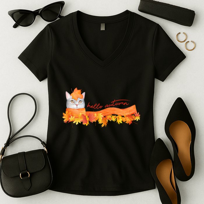 Hello Autumn Cute Cat Women's V-Neck T-Shirt