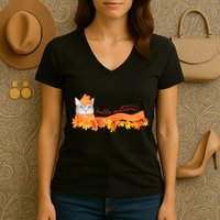 Hello Autumn Cute Cat Women's V-Neck T-Shirt