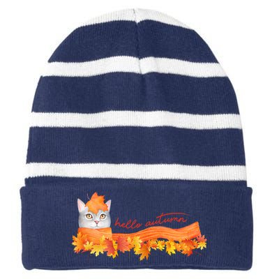 Hello Autumn Cute Cat Striped Beanie with Solid Band