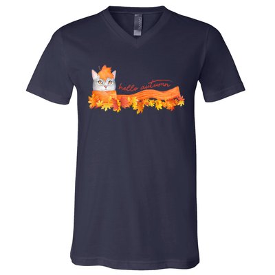 Hello Autumn Cute Cat V-Neck T-Shirt