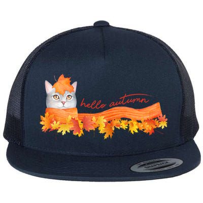 Hello Autumn Cute Cat Flat Bill Trucker Hat