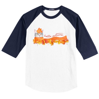 Hello Autumn Cute Cat Baseball Sleeve Shirt