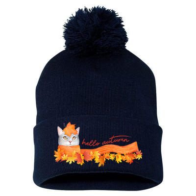 Hello Autumn Cute Cat Pom Pom 12in Knit Beanie